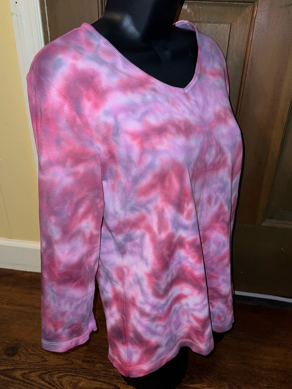 Pink Tie-Dye V-Neck Psychedelic Festival Stretch Long Sleeve Cotton Top Size M - Picture 2 of 8